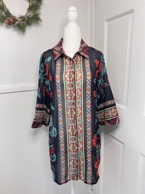 Soft Surroundings Aztec Botanical Floral Mixed Media Sheer Button Up Top